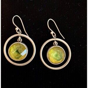 La Isla Silver Tone Yellow Glass Drop Earrings Circle Dangle Signed Boho